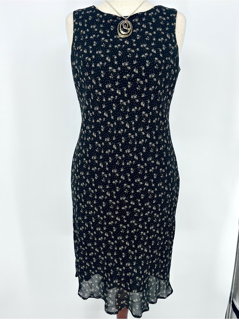 Vintage Black Floral Midi Dress Sheer Hem 90s Minimalist Slip Dress